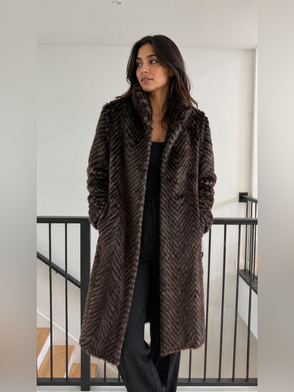 Donna Karan Brown Chevron Faux-Fur Long Coat